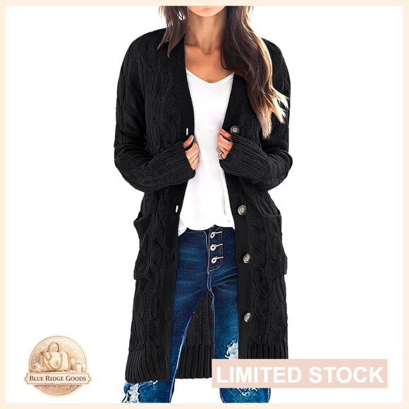 Oversized Cable Knit Cardigan Sweater Long Sleeve Open Front Button Chunky